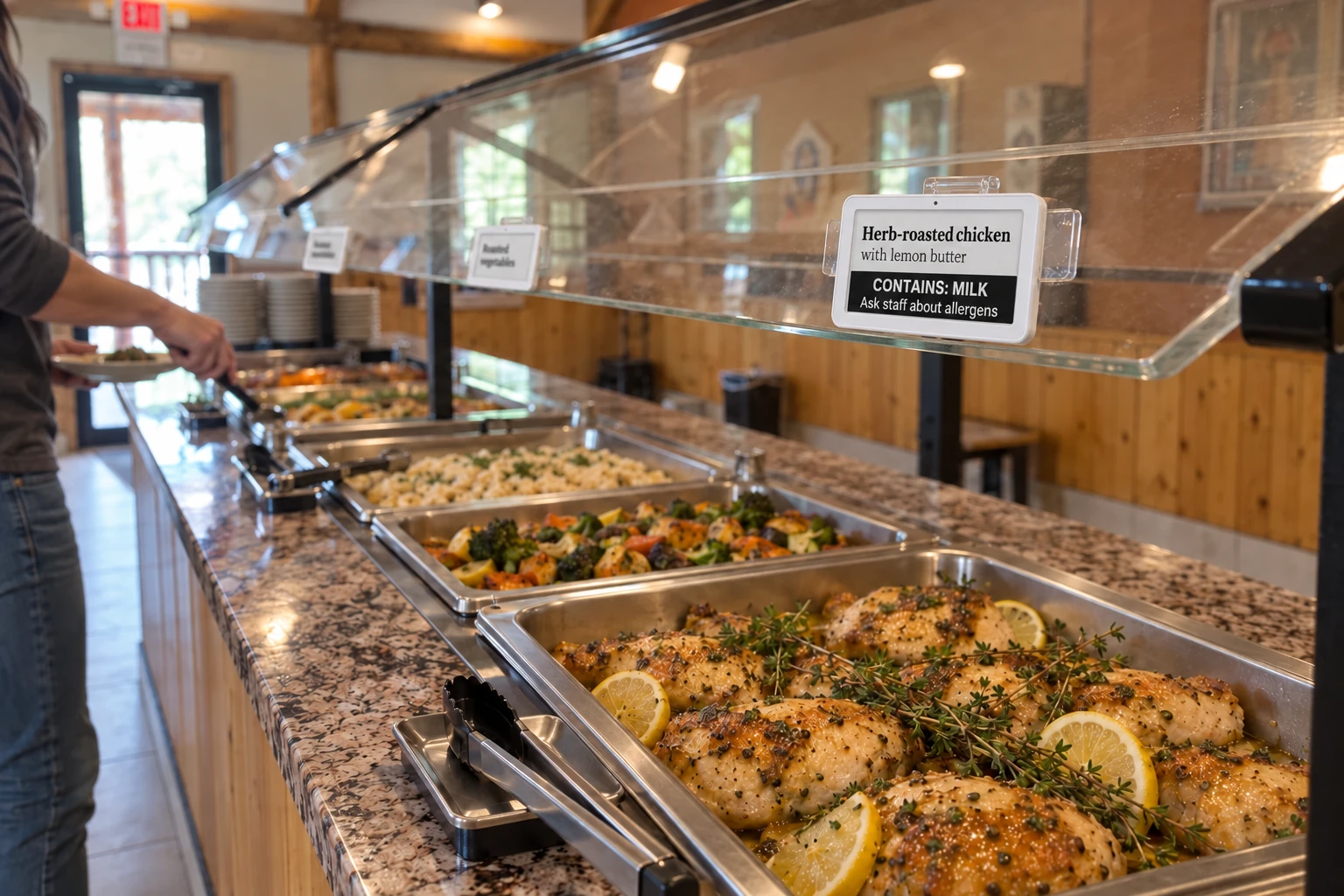 Illustrative concept: A 42-inch buffet label for the accommodated line: the dish, its station code, and what it contains.