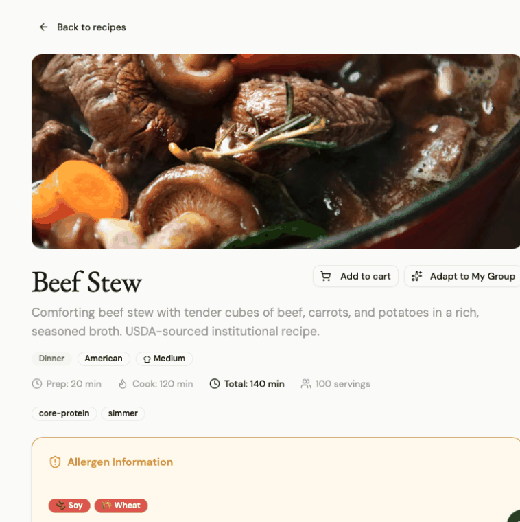The recipe screen for a beef stew with its allergen band and the button that adapts it to the group.