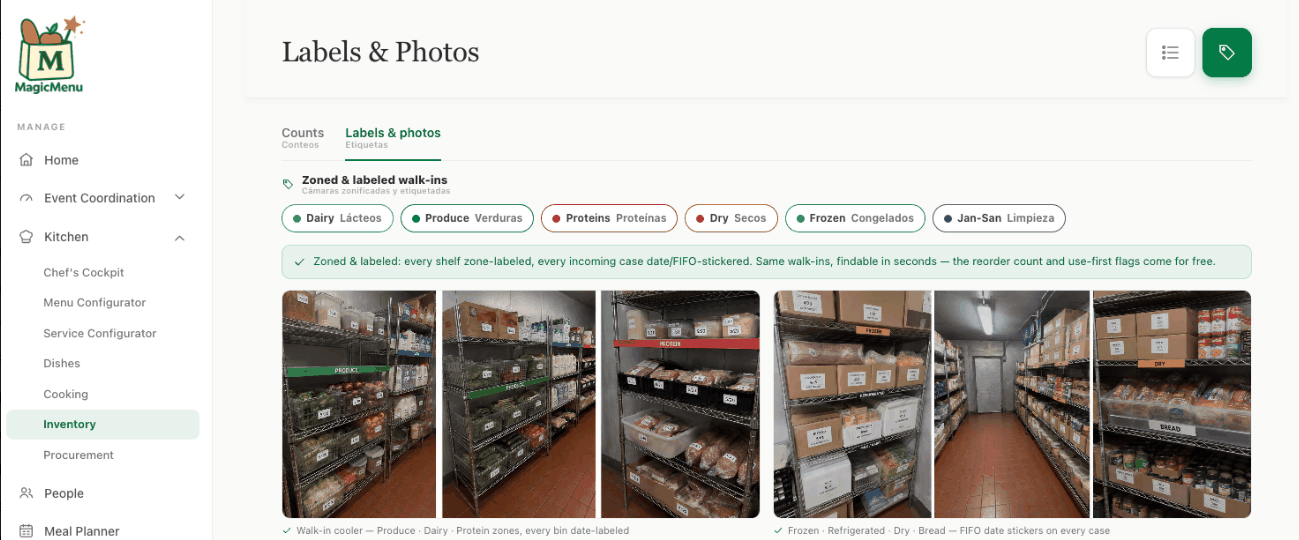 The inventory view: six zoned and labeled walk-in photographs with the zone chips above them.