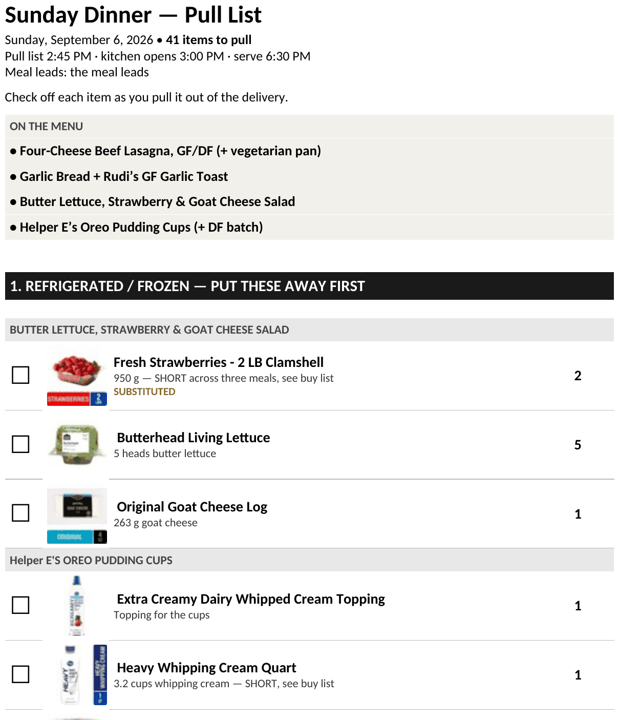 A pull list for a Sunday dinner: items in delivery order with product photos and quantities, one of them flagged as substituted.