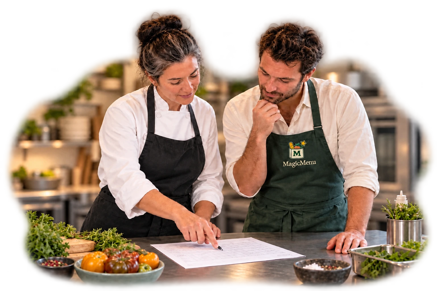 Illustrative concept: A chef in a black apron reviews a menu with a MagicMenu representative in a green branded apron.