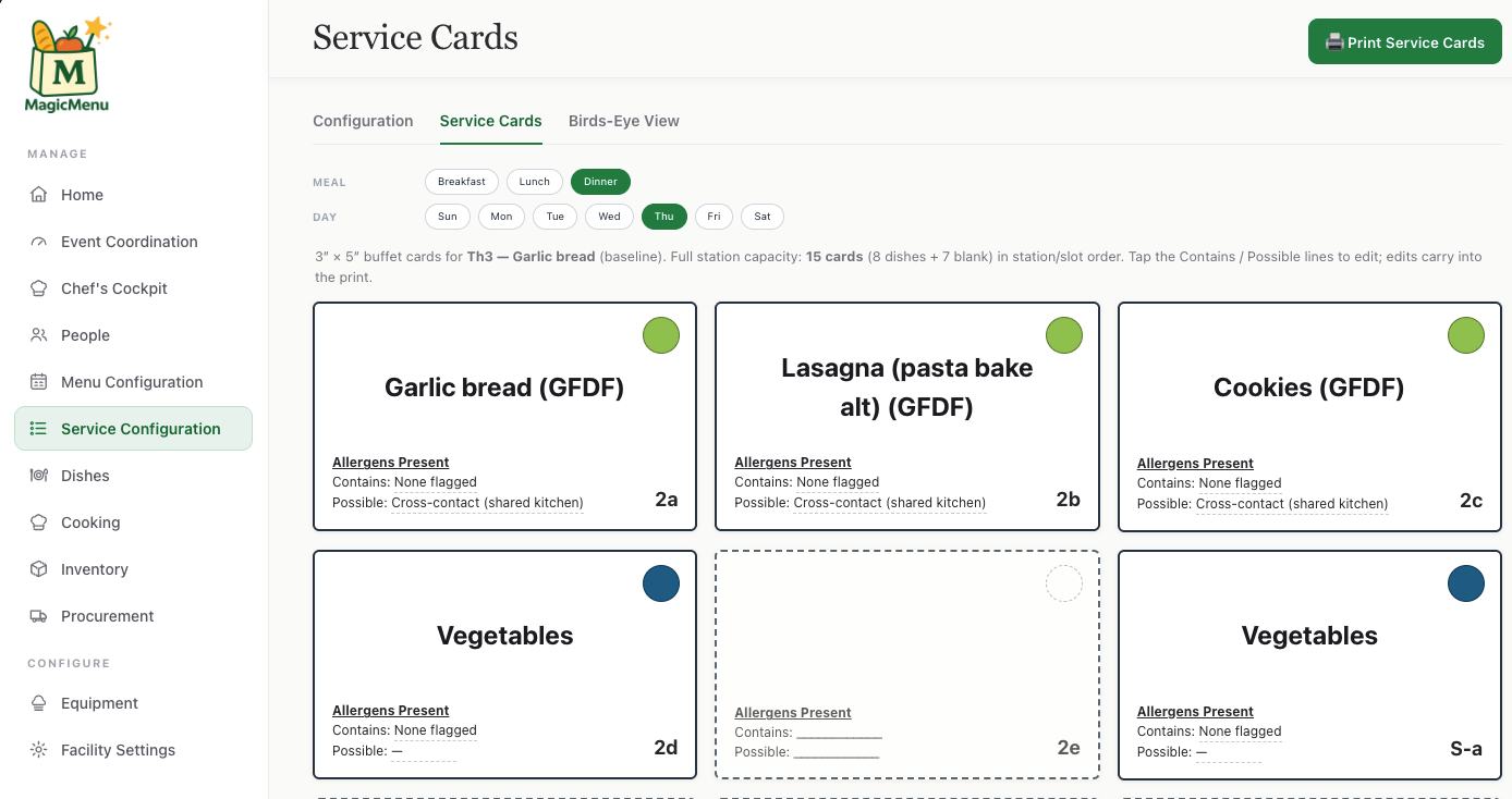 Printed service cards for a meal, one per pan.