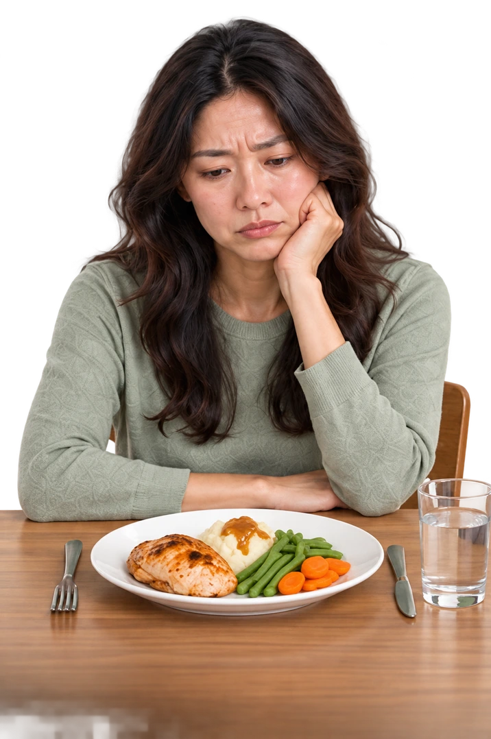 Illustrative concept: The same vegetarian guest disappointed with a chicken plate.