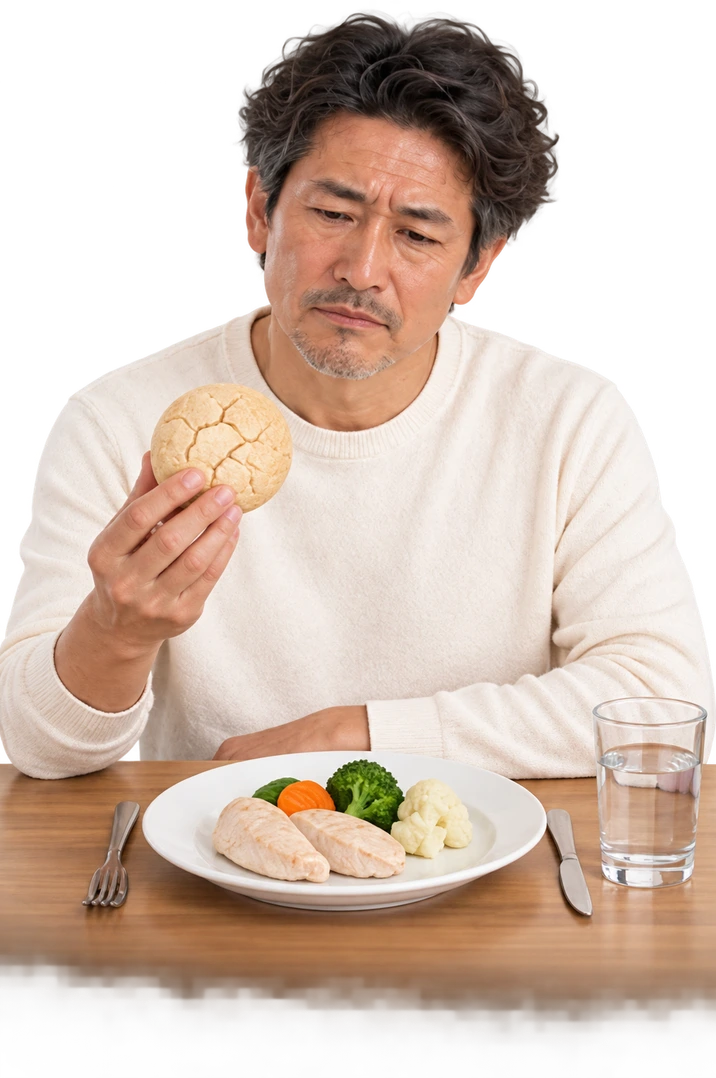 Illustrative concept: The same man holding a dry bun above a sparse, plain meal.