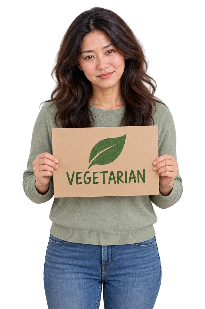 Illustrative concept: A dark-haired woman in a sage top, holding a hand-lettered sign: Vegetarian.