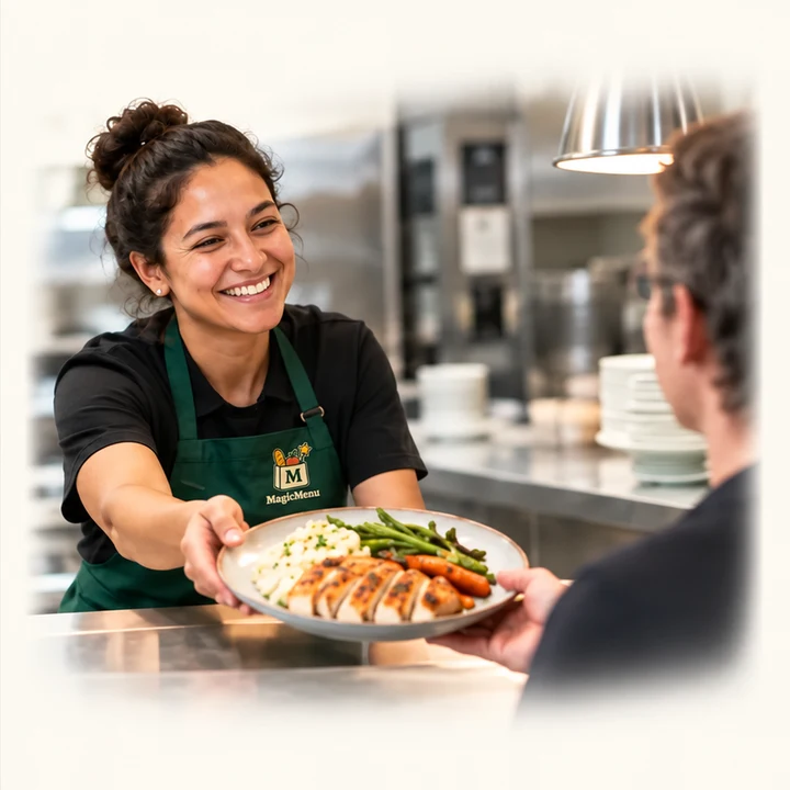 Illustrative concept: A smiling team member serves a prepared meal to a guest.