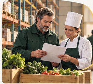 A distributor and chef reviewing a delivery beside produce crates.