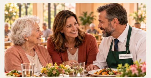 A resident and family member talking with a dining director.