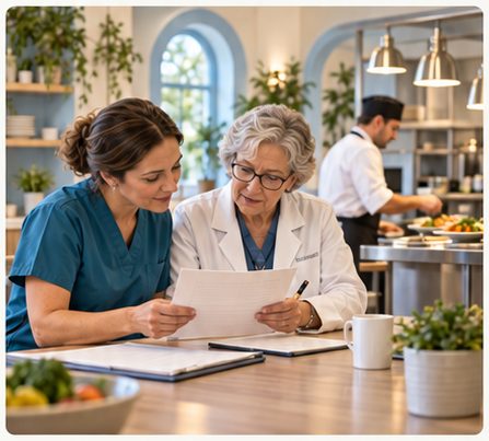 A nurse and dietitian reviewing meal information together.